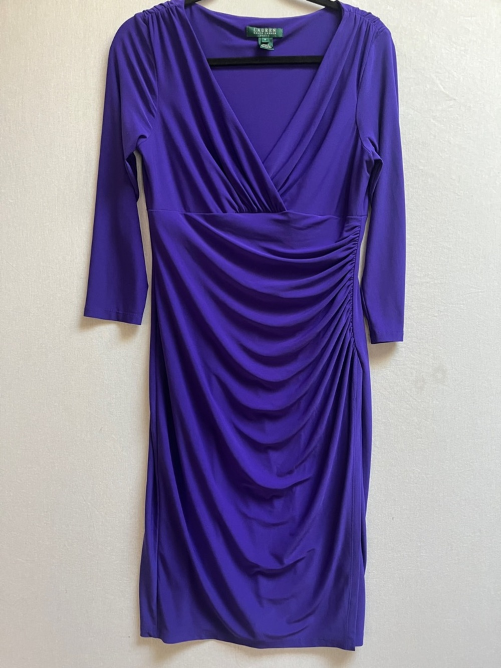 Lauren Ralph Lauren Purple Faux Wrap Ruched Three Quarter Sleeve Dress 8